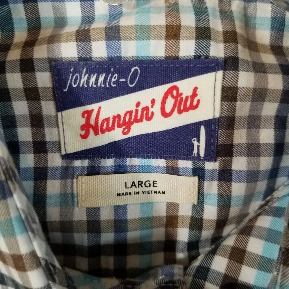 Johnnie O Hangin Out Shirt Mens Large Blue Gray Plaid Surf Button Up Long Sleeve - Picture 2 of 11